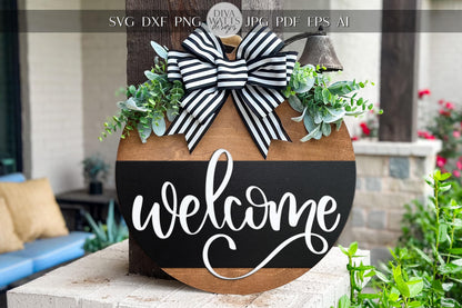 Laser Cut Door Hanger SVG | Welcome Sign SVG File | Round Wood Sign Template | DIY Digital Cut File Glowforge xTool Compatible