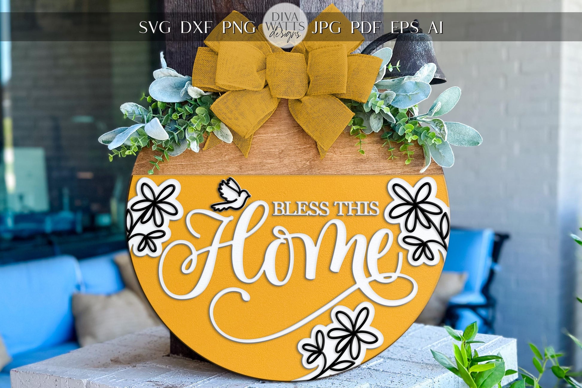Laser Cut Door Hanger SVG | Bless This Home Sign SVG | DIY Round Wood Sign Template | Glowforge xTool File | Digital Porch Decor