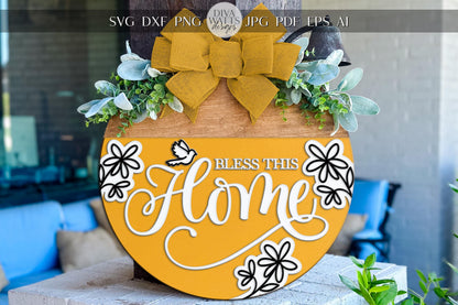 Laser Cut Door Hanger SVG | Bless This Home Sign SVG | DIY Round Wood Sign Template | Glowforge xTool File | Digital Porch Decor