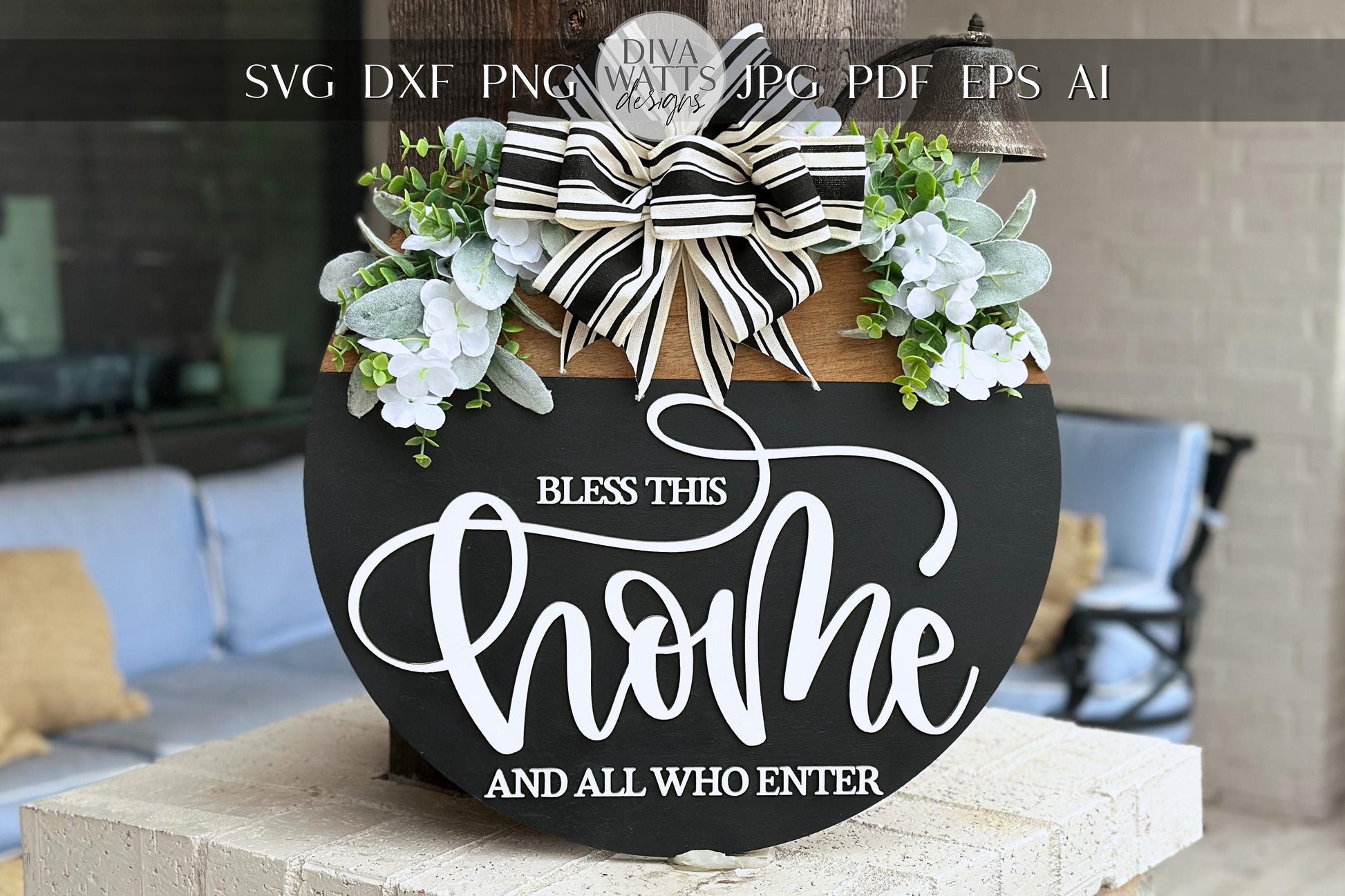 Laser Cut Door Hanger SVG | Bless This Home SVG Sign | Round Wood Sign Template | Glowforge xTool File | DIY Porch Decor svg