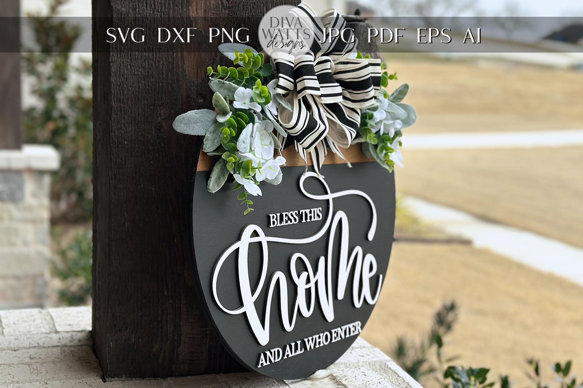 Laser Cut Door Hanger SVG | Bless This Home SVG Sign | Round Wood Sign Template | Glowforge xTool File | DIY Porch Decor svg