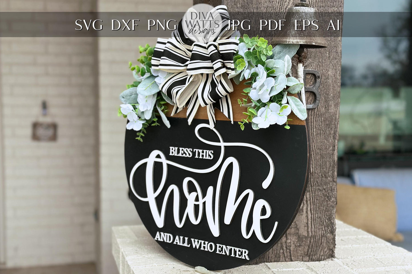 Laser Cut Door Hanger SVG | Bless This Home SVG Sign | Round Wood Sign Template | Glowforge xTool File | DIY Porch Decor svg