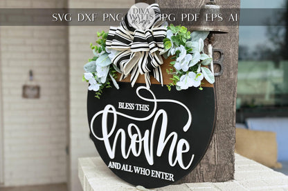 Laser Cut Door Hanger SVG | Bless This Home SVG Sign | Round Wood Sign Template | Glowforge xTool File | DIY Porch Decor svg