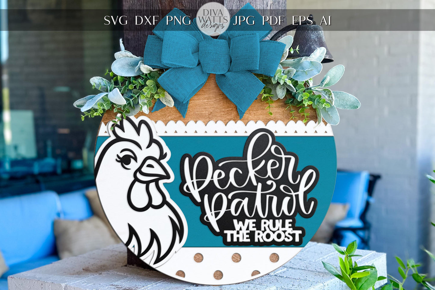 Laser Cut Door Hanger SVG | Funny Chicken SVG Sign | Pecker Patrol Round Wood Sign File | Glowforge xTool DIY Farmhouse Porch Decor