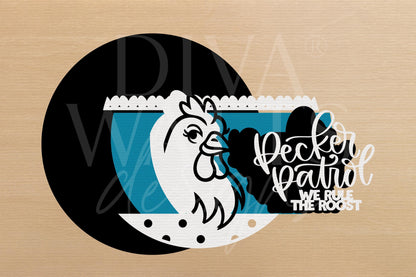 Laser Cut Door Hanger SVG | Funny Chicken SVG Sign | Pecker Patrol Round Wood Sign File | Glowforge xTool DIY Farmhouse Porch Decor