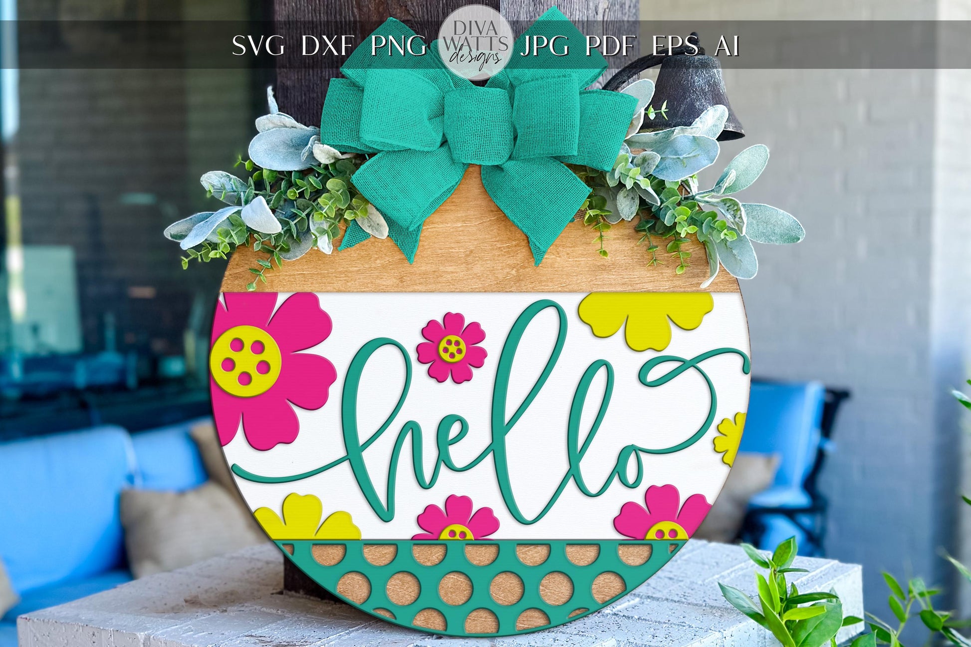 Laser Cut Door Hanger SVG | Hello Door Sign SVG File | Summer Round Wood Sign Template | Glowforge xTool Floral Porch Decor
