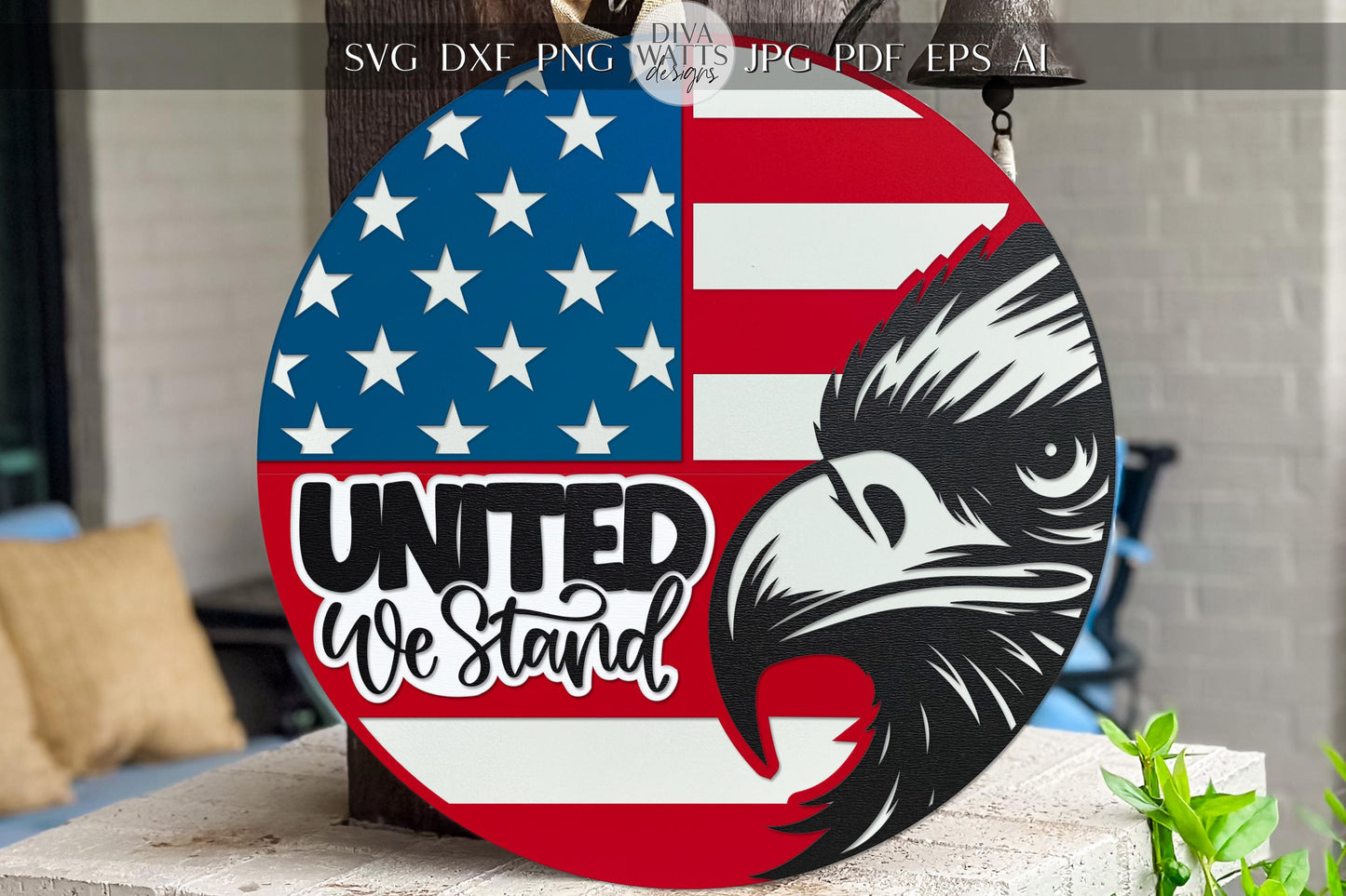 Laser Cut Door Hanger SVG | United We Stand Sign SVG File | Patriotic Round Wood Sign Template | Glowforge xTool Digital Cut File