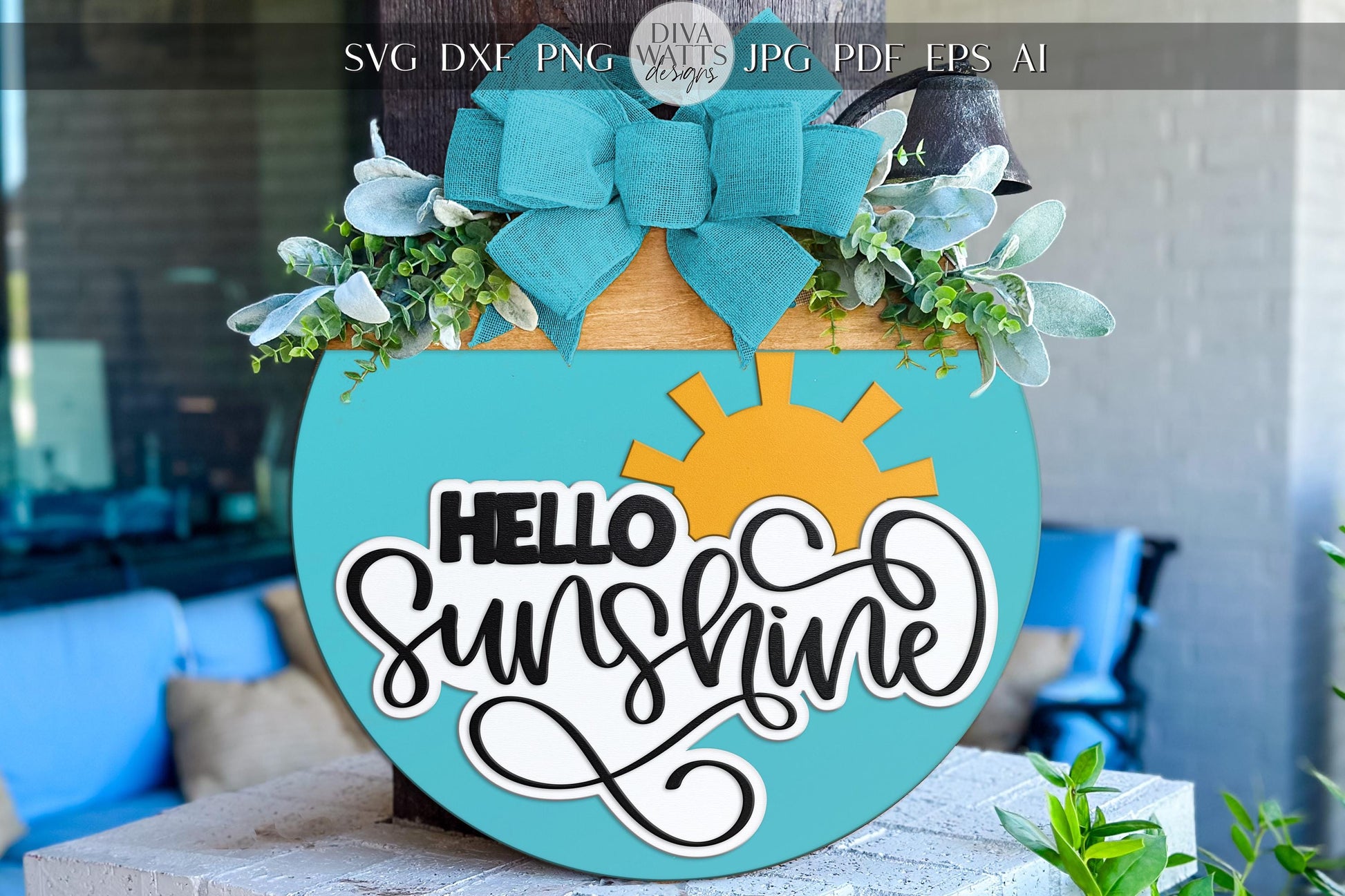 Hello Sunshine Door Hanger SVG | Summer Sign SVG File | Round Wood Sign Template | Digital Cut File Glowforge xTool Compatible