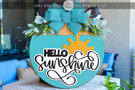Hello Sunshine Door Hanger SVG | Summer Sign SVG File | Round Wood Sign Template | Digital Cut File Glowforge xTool Compatible