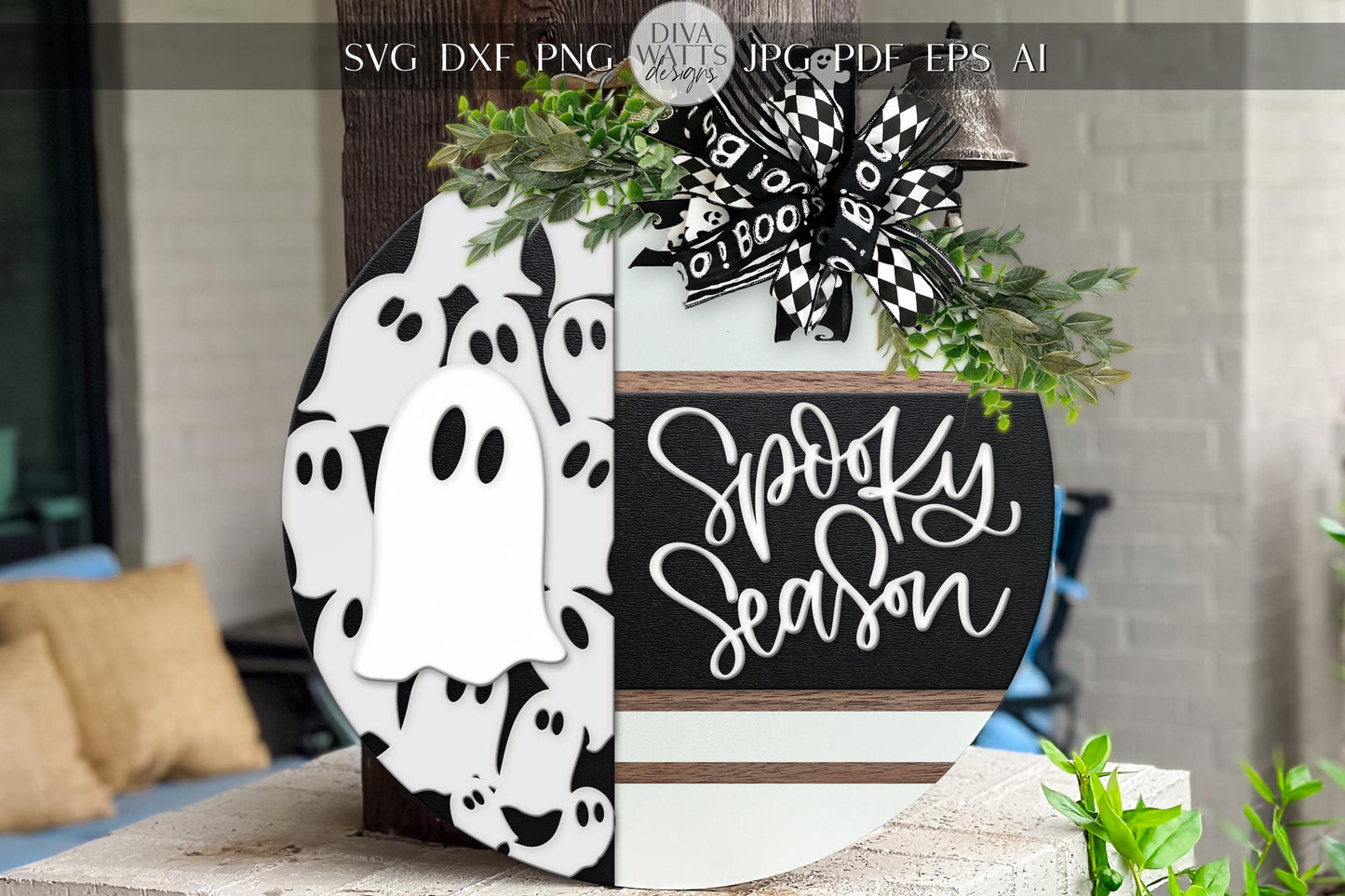 Spooky Season Door Hanger SVG | Laser Cut Halloween Sign SVG File | DIY Ghost Round Wood Template | Glowforge xTool Digital Cut File