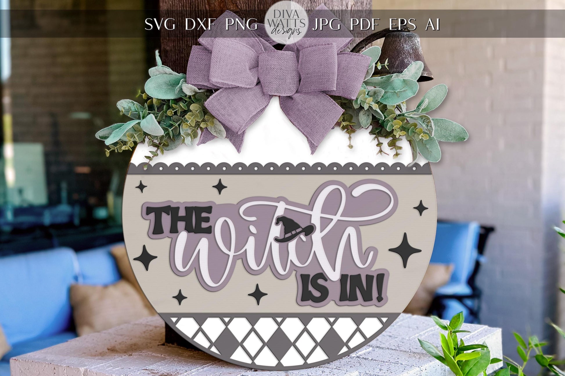 The Witch Is In SVG | Halloween Door Hanger SVG File | DIY Round Wood Sign Laser Cut | Digital Glowforge xTool Cut File for Porch Decor