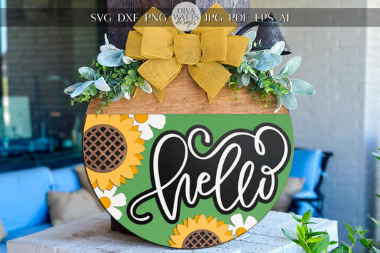 Laser Cut Door Hanger SVG | Hello Sunflower Sign SVG File | DIY Round Wood Sign Template | Digital File Glowforge xTool Compatible