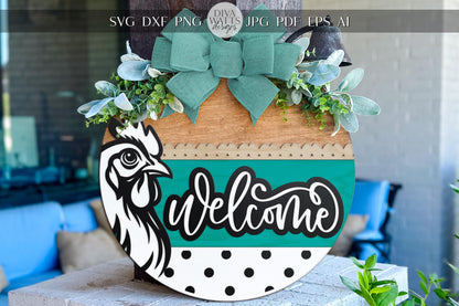 Laser Cut Door Hanger SVG | Chicken Welcome Sign SVG File | DIY Round Wood Sign Template | Farmhouse Digital Cut File for Glowforge