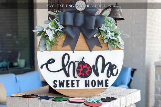Interchangeable Door Hanger SVG | Home Sweet Home Sign Digital Cut File | Round Wood Sign for Glowforge xTool Laser | DIY SVG File