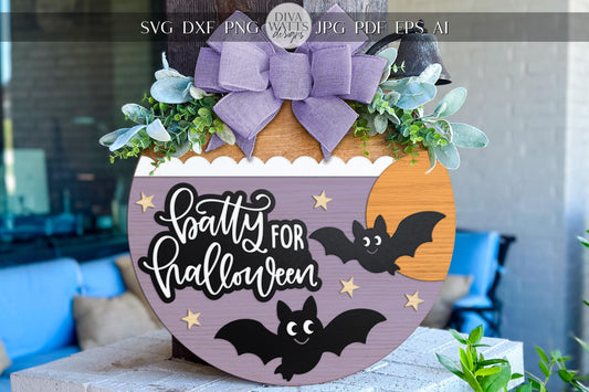 Batty for Halloween Door Hanger SVG | Laser Cut Round Sign Template | Digital Halloween SVG File | Glowforge xTool Compatible