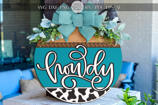 Laser Cut Door Hanger SVG | Howdy Welcome Sign SVG | Cow Print Western Round Sign Template | Glowforge xTool Digital Cut File