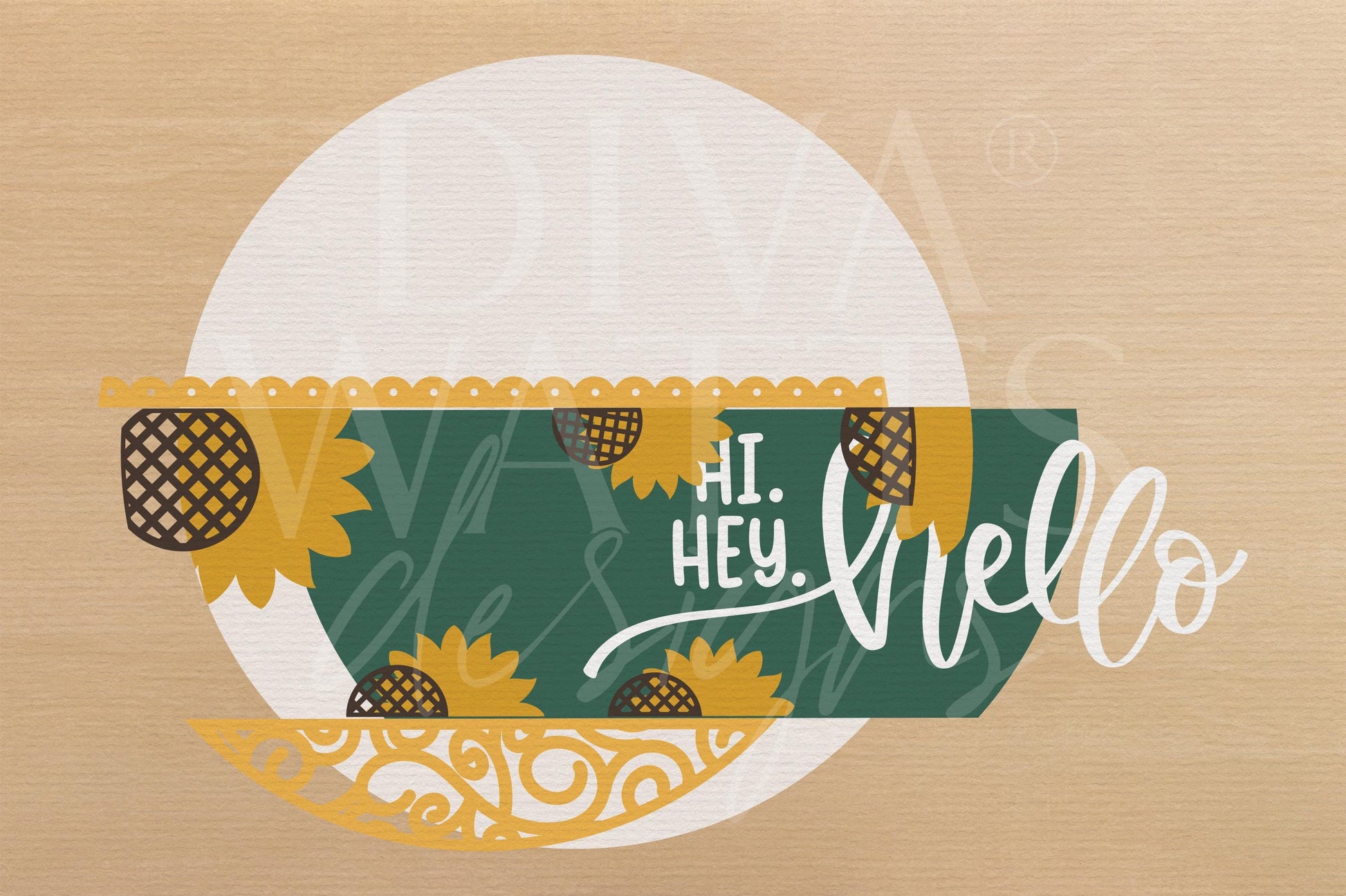 Laser Cut Door Hanger SVG | Hi Hey Hello Welcome Sign SVG | Round Wood Sunflower Template | Glowforge xTool Digital Cut File