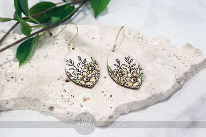 Laser Cut Earring SVG | Dainty Daisy Engraved Teardrop Earrings File | DIY Floral Jewelry Cut File for Glowforge xTool SVG