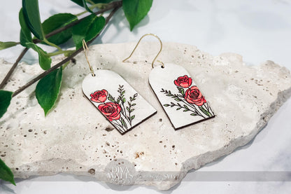 Laser Cut Earring SVG | Red Rose Engraved Earrings File | Romantic DIY Jewelry SVG for Glowforge xTool | Floral Tag Cut File