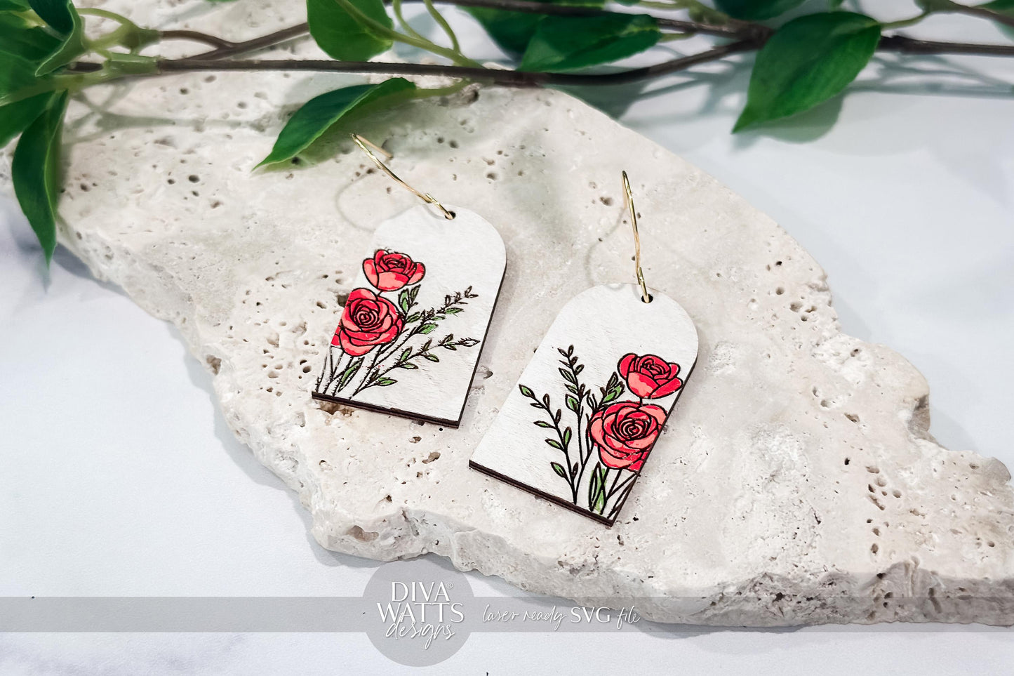 Laser Cut Earring SVG | Red Rose Engraved Earrings File | Romantic DIY Jewelry SVG for Glowforge xTool | Floral Tag Cut File