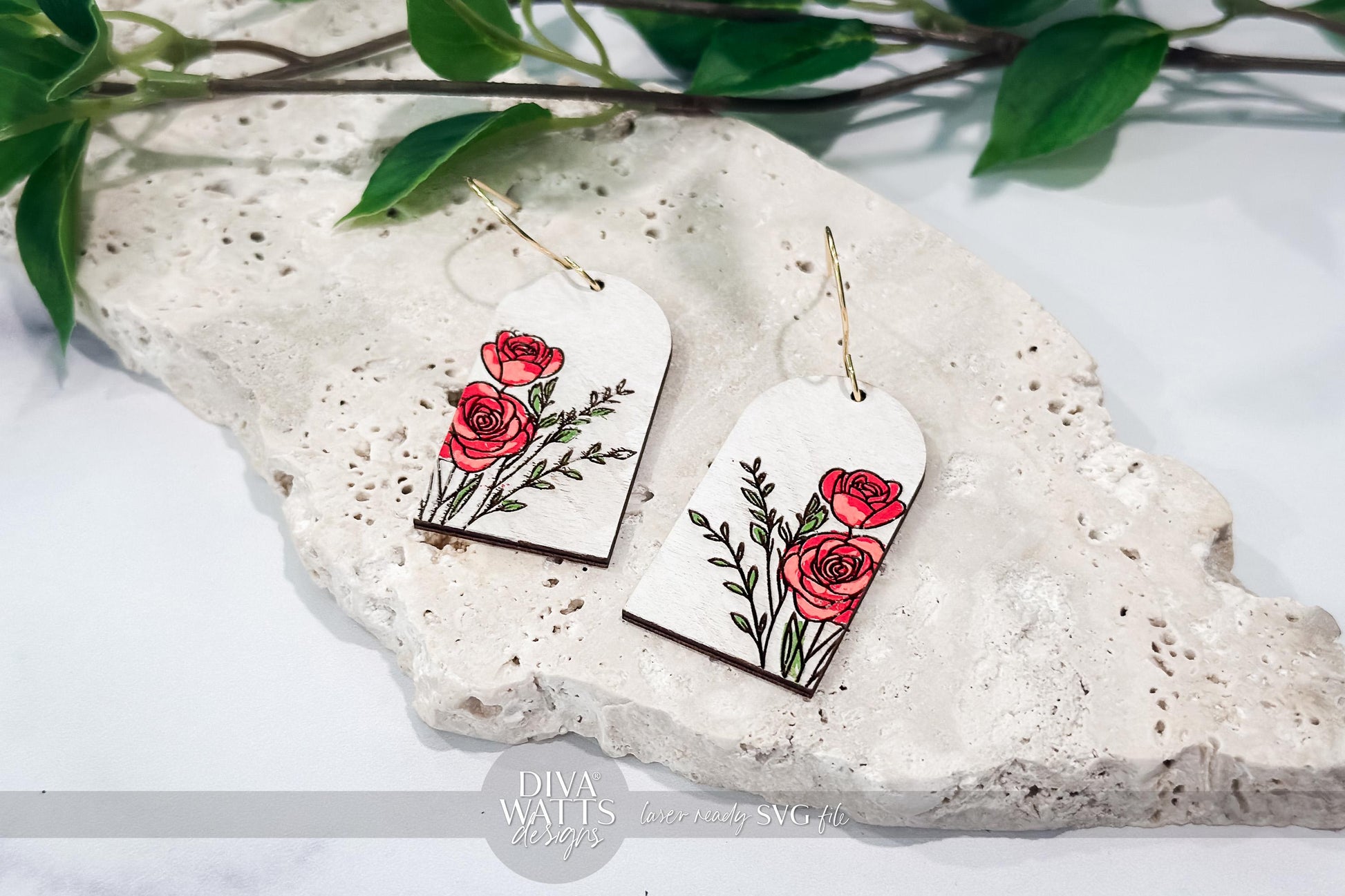 Laser Cut Earring SVG | Red Rose Engraved Earrings File | Romantic DIY Jewelry SVG for Glowforge xTool | Floral Tag Cut File