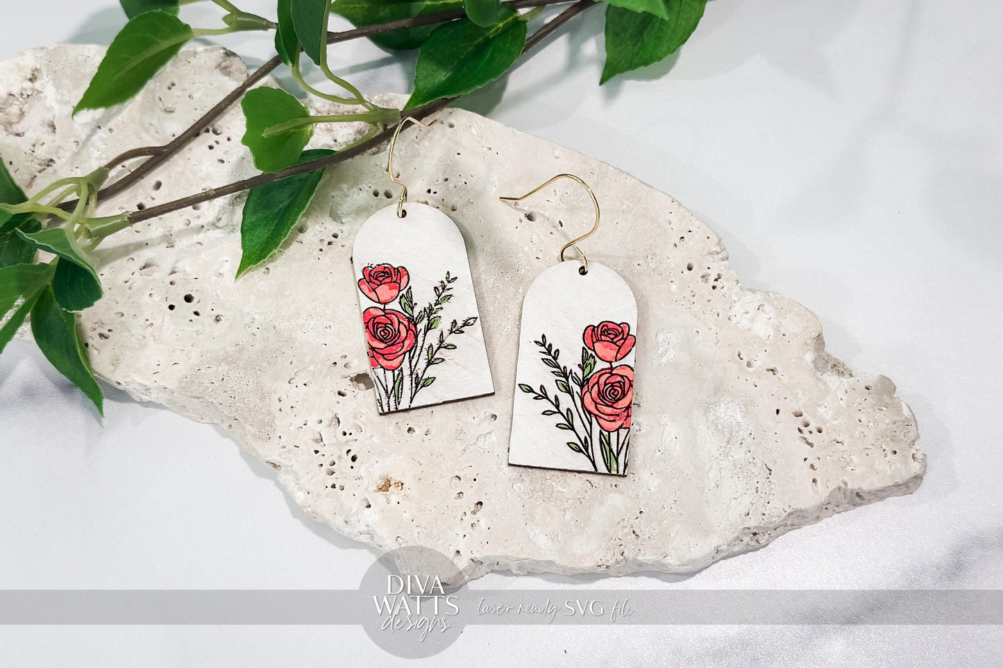 Laser Cut Earring SVG | Red Rose Engraved Earrings File | Romantic DIY Jewelry SVG for Glowforge xTool | Floral Tag Cut File
