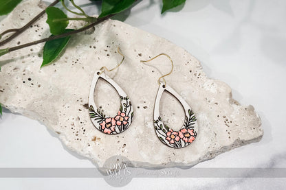 Teardrop Cutout Earring SVG | Engraved Floral Earrings File | DIY Jewelry SVG for Glowforge xTool | Laser Ready Botanical Cut File