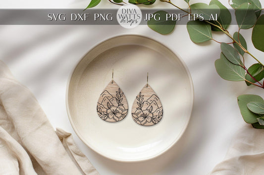 Rhododendron Earring SVG | Teardrop Floral Laser Cut File | DIY Wood Jewelry Template | Glowforge xTool Compatible Digital Design
