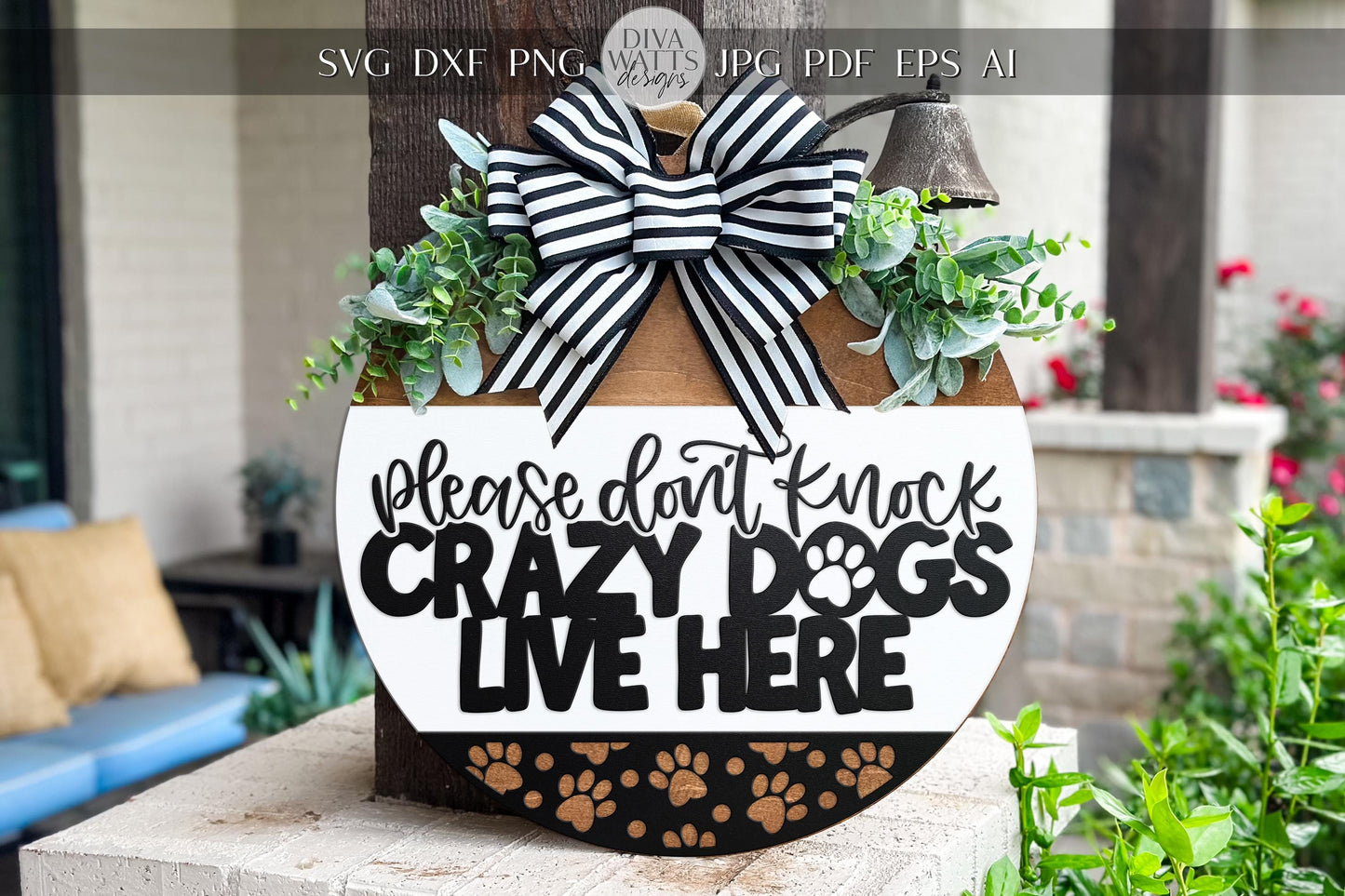 Crazy Dogs Door Hanger SVG | Please Don’t Knock Laser Cut File | Funny Pet Sign SVG | Round Wood Sign DIY | Glowforge xTool File