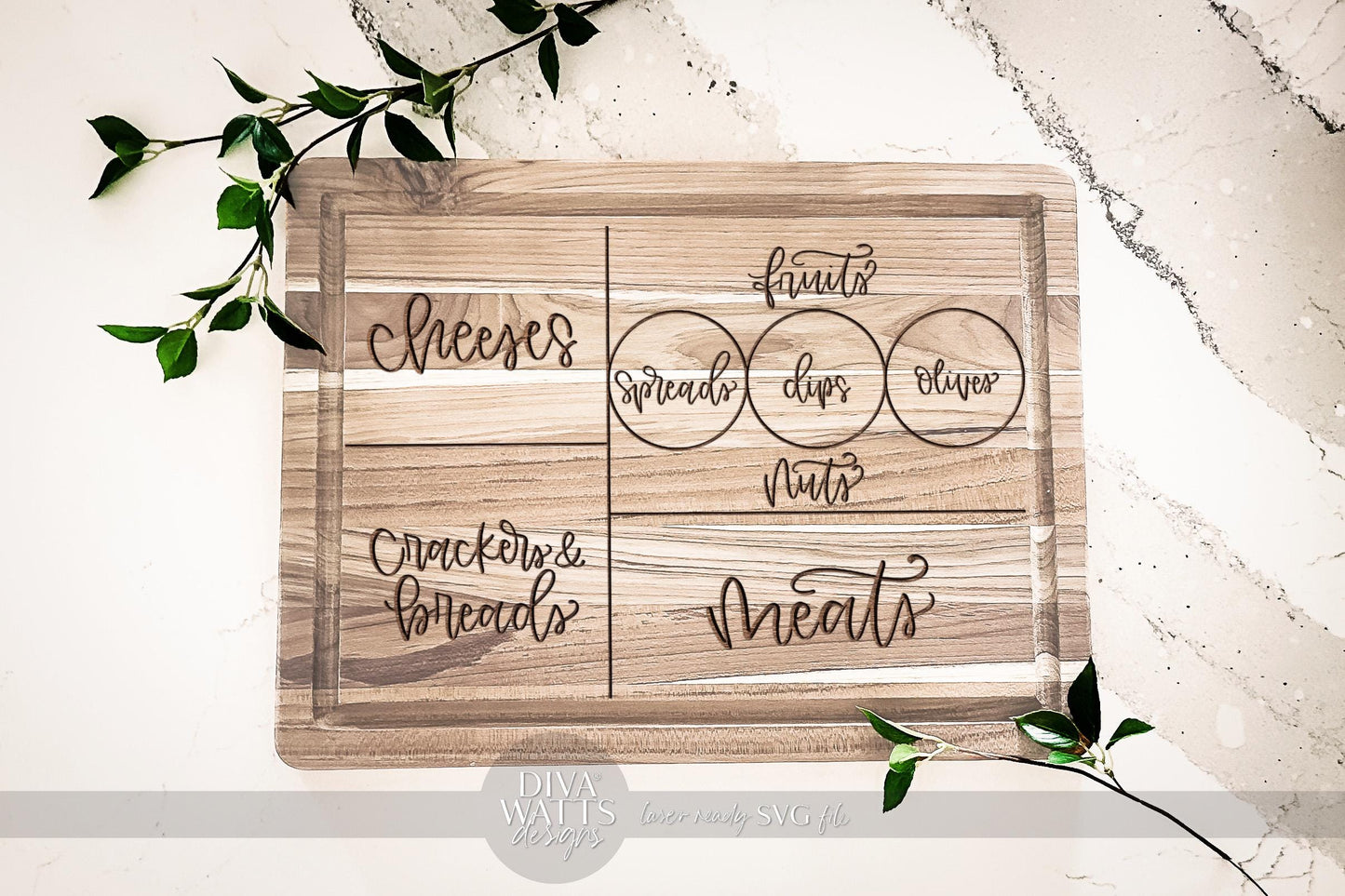 Charcuterie Board SVG | Laser Cut Food Label Tray Template | Kitchen Serving Board Digital File | Glowforge xTool Compatible SVG