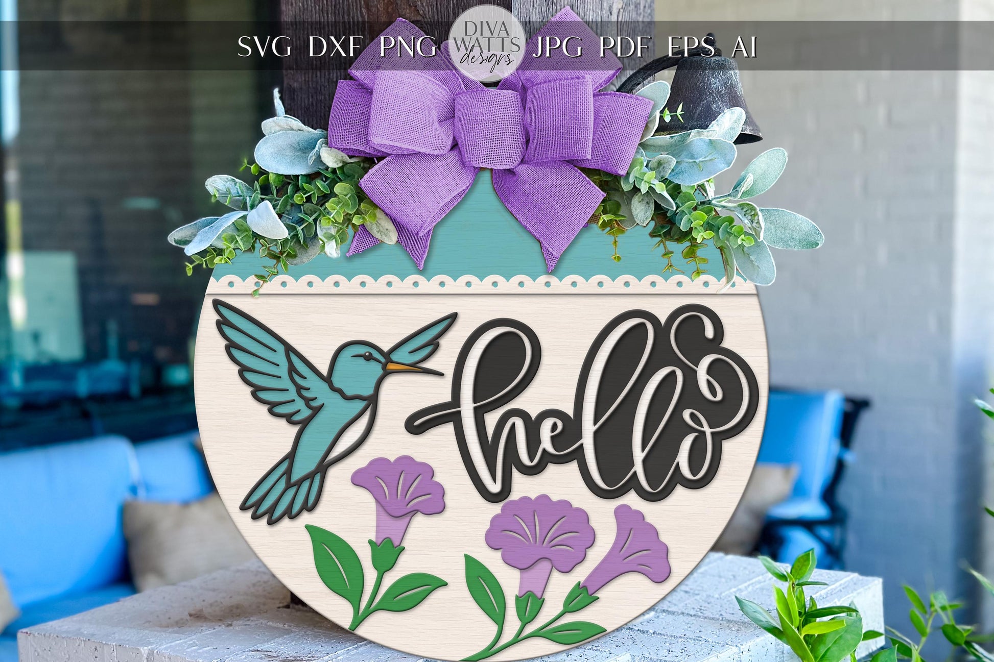 Laser Cut Door Hanger SVG | Hello Sign SVG File | Hummingbird Round Wood Sign Template | Glowforge xTool Compatible Digital File