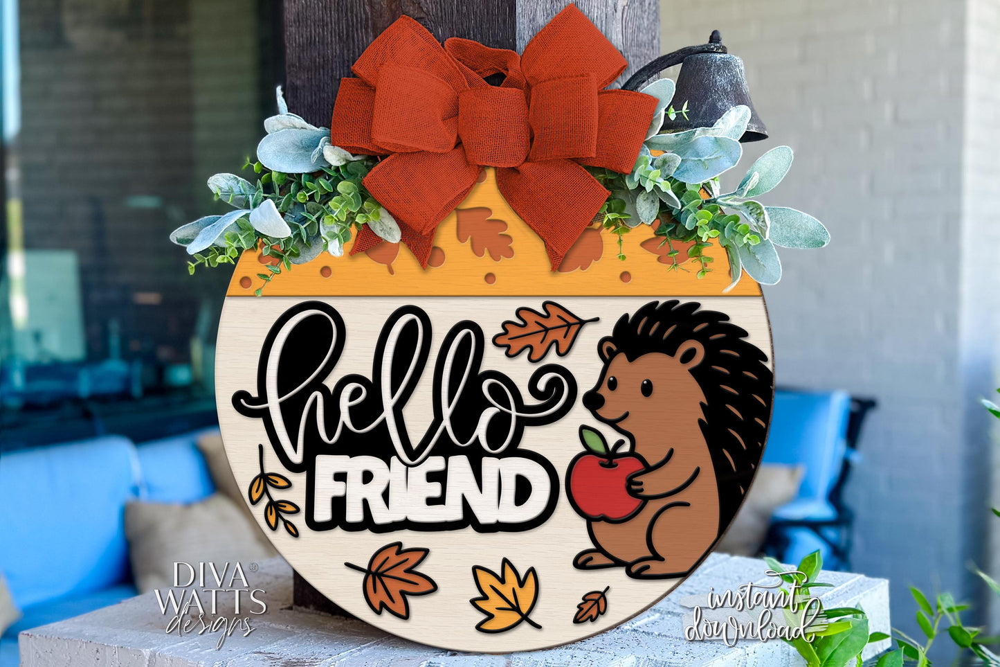 Laser Cut Door Hanger SVG | Hello Friend Fall Sign SVG | DIY Round Wood Sign Template | Hedgehog svg File Glowforge xTool Cut File