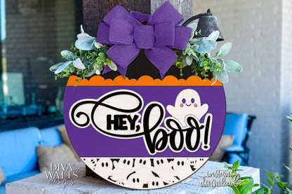 Hey Boo Door Hanger SVG | Halloween Sign SVG File | DIY Round Wood Sign Template | Laser Cut Digital File Glowforge xTool Friendly