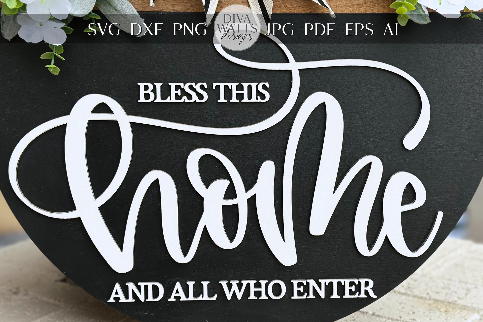 Laser Cut Door Hanger SVG | Bless This Home SVG Sign | Round Wood Sign Template | Glowforge xTool File | DIY Porch Decor svg