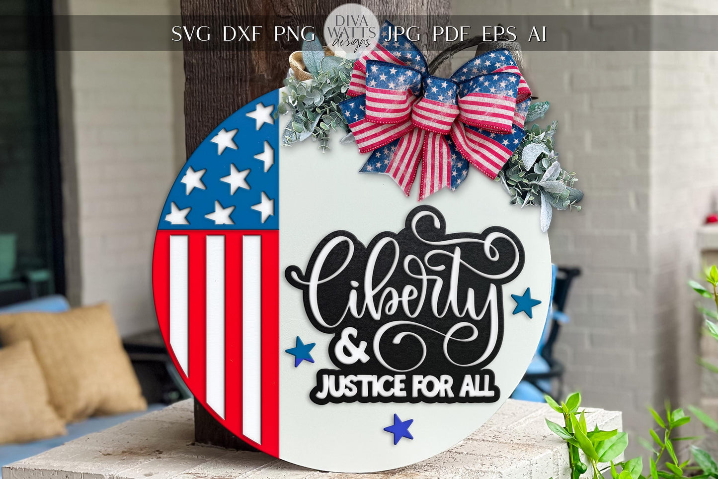 Laser Cut Door Hanger SVG | Liberty & Justice For All Sign | Patriotic Round Wood Sign Template | Glowforge xTool Digital Cut File