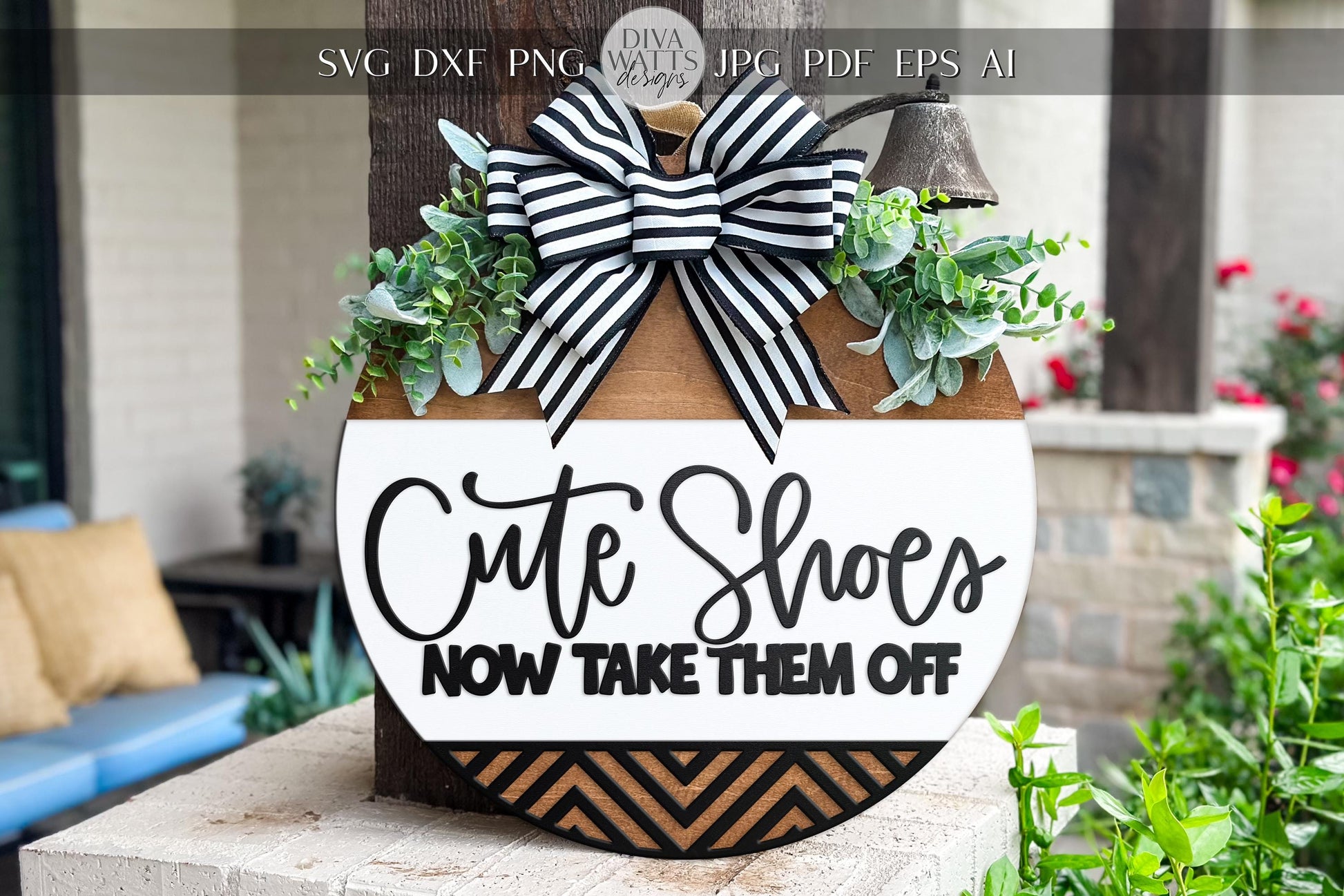 Laser Cut Door Hanger SVG | Cute Shoes Take Them Off Sign | Funny Entryway SVG File | Glowforge xTool DIY Round Porch Sign Template