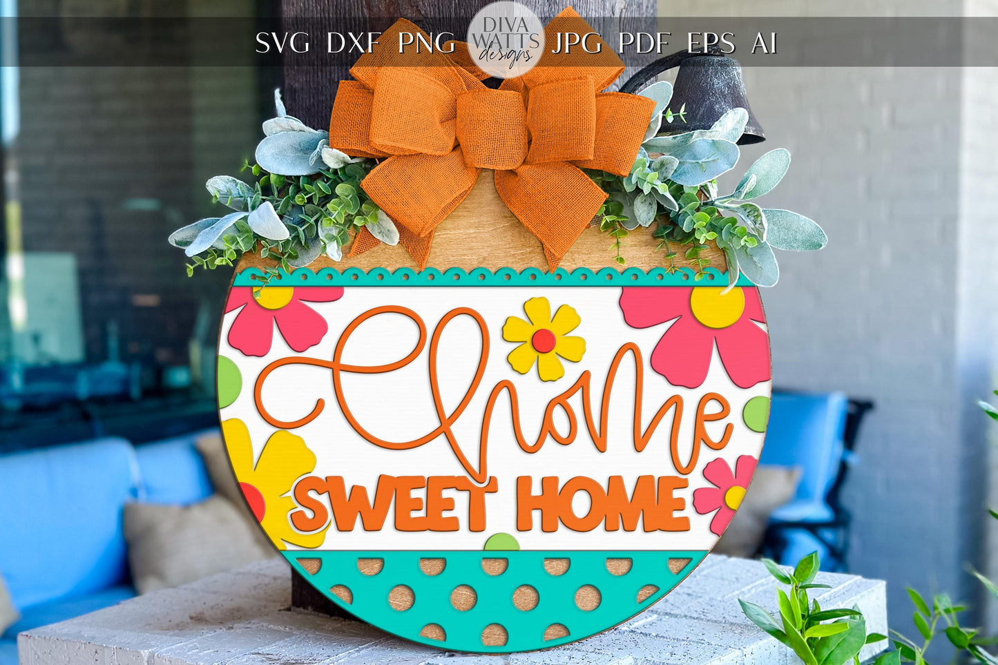 Laser Cut Door Hanger SVG | Home Sweet Home Sign SVG File | Round Wood Sign Template | Summer Digital File Glowforge xTool Ready