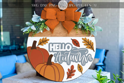 Hello Autumn SVG | Laser Cut Door Hanger SVG | DIY Round Wood Sign File | Fall Welcome Sign svg | Glowforge xTool Laser Cut File