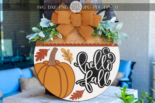 Hello Fall SVG | Laser Cut Door Hanger SVG File | Pumpkin Round Wood Sign for Glowforge xTool | DIY Fall Porch Sign svg Cut File
