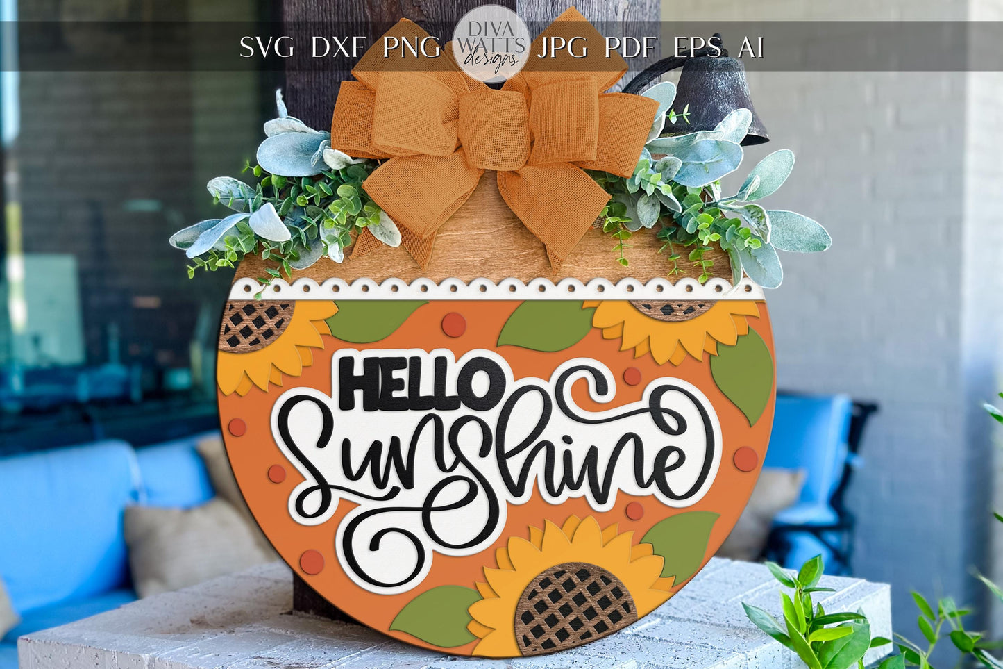 Laser Cut Door Hanger SVG | Hello Sunshine SVG File | DIY Round Wood Sign Template | Sunflower Sign Glowforge xTool Compatible
