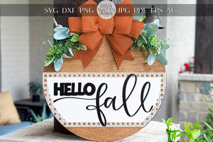 Laser Cut Door Hanger SVG | Hello Fall Sign SVG File | DIY Round Wood Sign Template | Digital Cut File Glowforge xTool Compatible