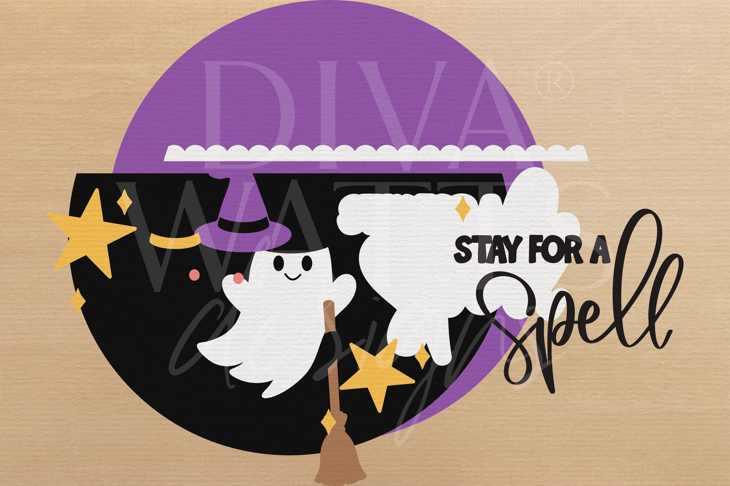 Laser Cut Door Hanger SVG | Stay for a Spell Halloween Sign SVG | Ghost Witch SVG File | Round Wood Cut File Glowforge xTool diy Decor