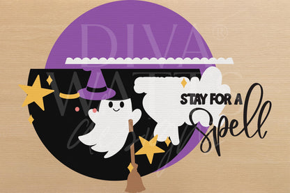 Laser Cut Door Hanger SVG | Stay for a Spell Halloween Sign SVG | Ghost Witch SVG File | Round Wood Cut File Glowforge xTool diy Decor