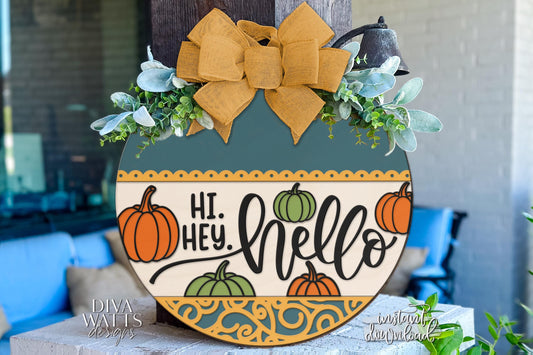 Laser Cut Door Hanger SVG | Fall Pumpkin Hello Sign SVG | Round Wood Sign Template | Digital Cut File Glowforge xTool Compatible