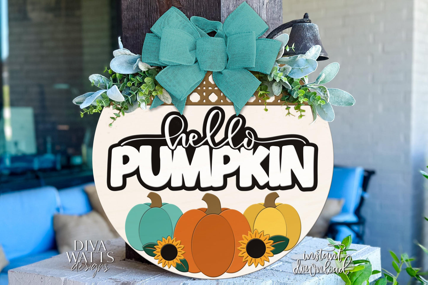 Laser Cut Door Hanger SVG | Hello Pumpkin SVG File | Fall Porch Sign Template | Digital Round Sign | Glowforge xTool Compatible Cut File