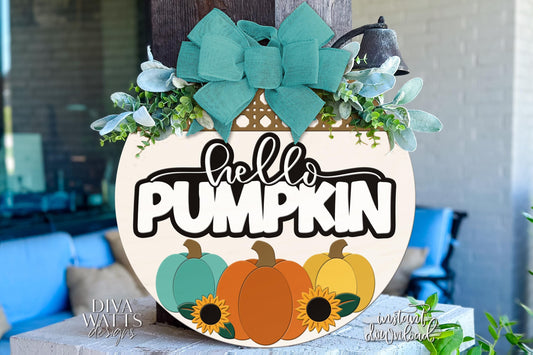 Laser Cut Door Hanger SVG | Hello Pumpkin SVG File | Fall Porch Sign Template | Digital Round Sign | Glowforge xTool Compatible Cut File