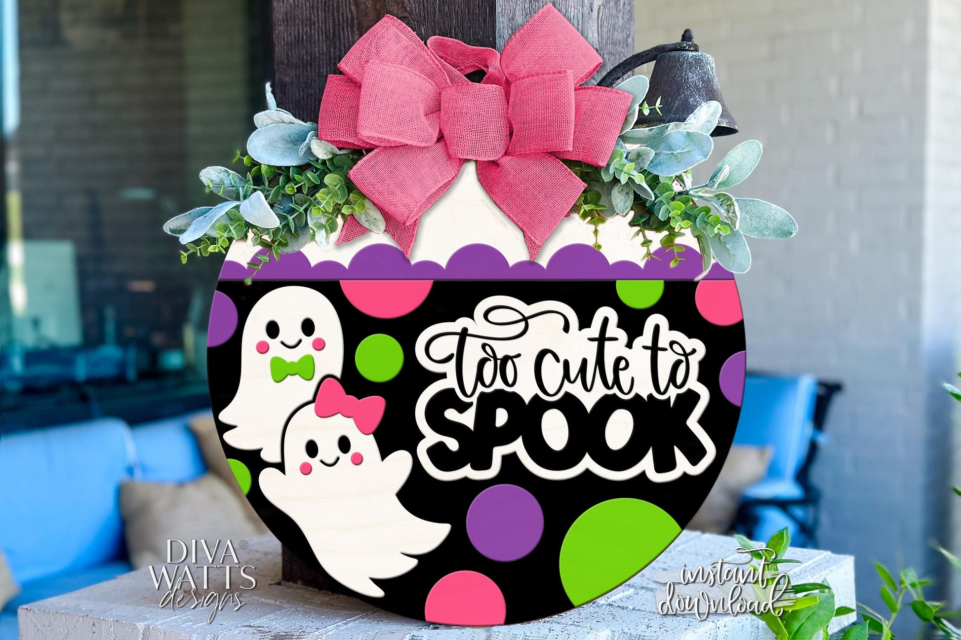 Too Cute To Spook Door Hanger SVG | Halloween Ghost Sign SVG | Round Laser Cut File | DIY Digital Decor for Glowforge xTool