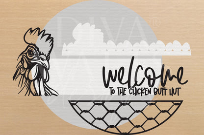 Laser Cut Door Hanger SVG | Chicken Butt Hut Welcome Sign SVG | Farmhouse Hen Coop Round Sign File | Glowforge xTool Compatible