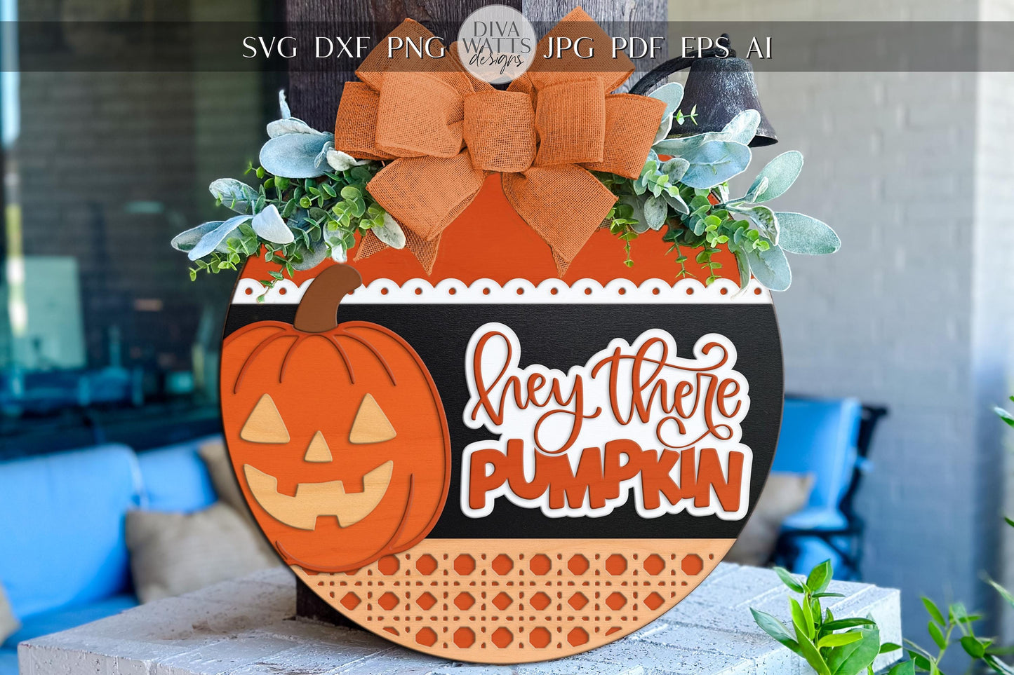 Laser Cut Door Hanger SVG | Hey There Pumpkin SVG File | DIY Round Wood Sign Template | Digital Fall Decor xTool Glowforge Cut File