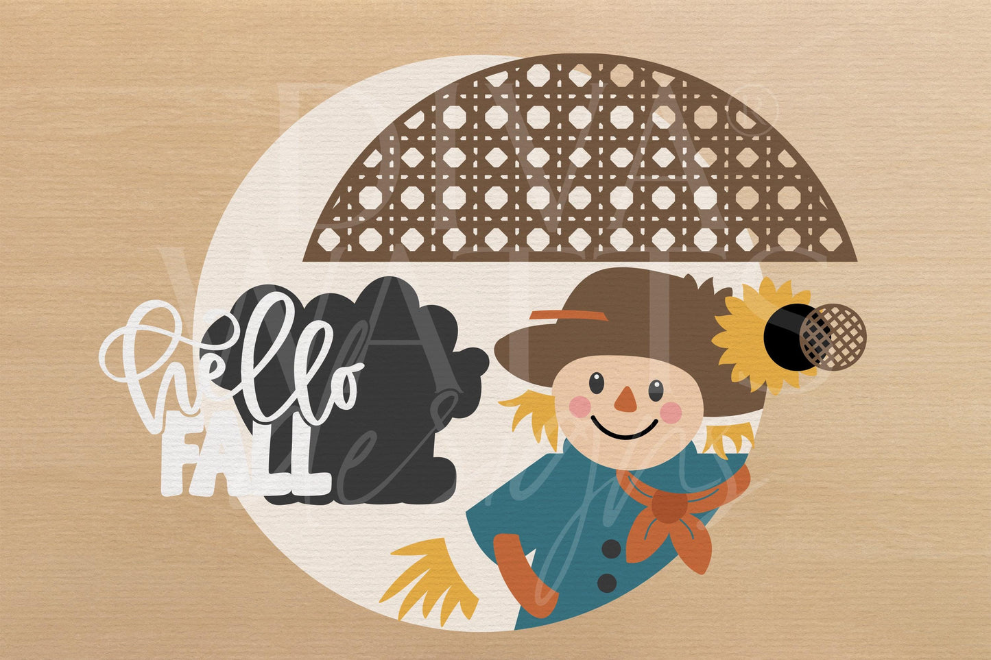 Hello Fall Scarecrow Door Hanger SVG | Round Wood Sign Template | Digital Fall Porch Sign | Laser Cut File Glowforge xTool Compatible